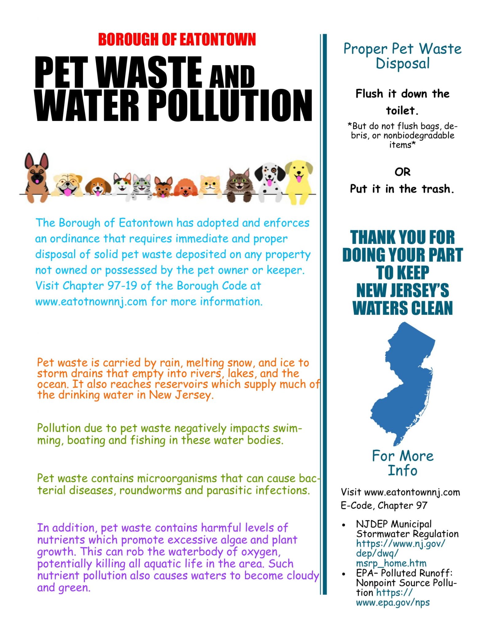 Flyer: “Pet Waste and Water Pollution” (Borough of Eatontown). Flush pet waste down toilet or put in trash; no bags or debris; prevents water pollution.